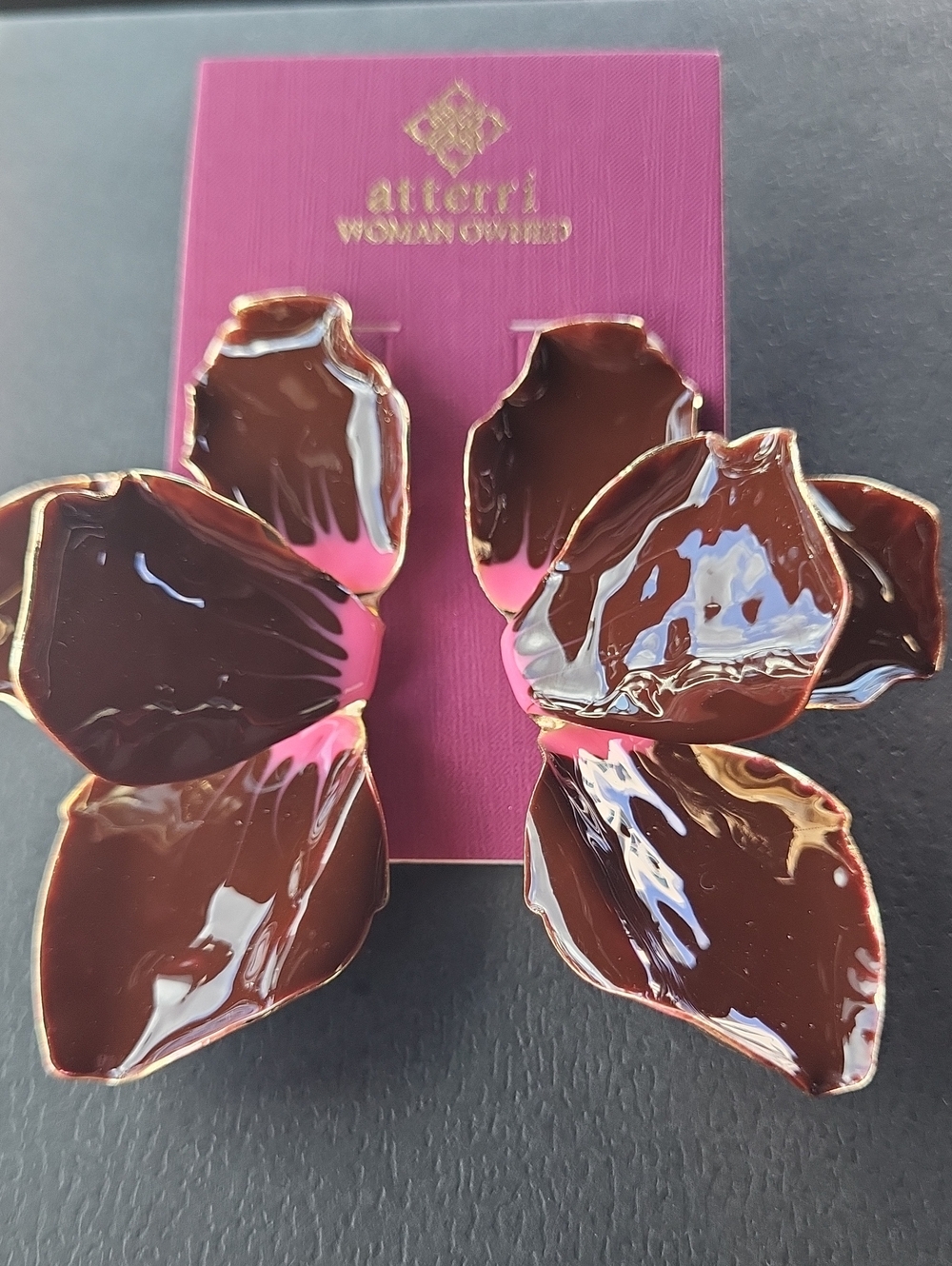 Atterri Pink & Brown Floral Petal Statement Earrings Te